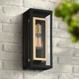 Possini Euro Design Double Box Industrial Outdoor Wall Light Fixture Matte Black Warm Brass Metal 15 1/2" Clear Glass Panel for Exterior House Porch Patio Outside Deck Garage Yard Front Door Home