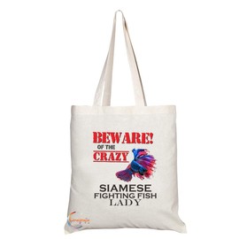 Coralgraph TB649 BEWARE!OF THE CRAZY SIAMESE FIGHTING FISH LADY Novelty Present Gift Printed Eco-Friendly Stylish Long Handled Tote Shoulder Bag