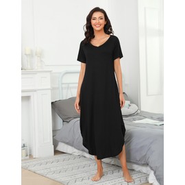 Nieery Women's Long Cotton V-Neck Summer Nightdress Large Sizes Short Sleeves Loose Sleep Shirt Night Dress Casual Sleepwear with Pockets S-3XL, black
