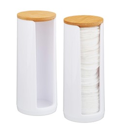 Relaxdays Cotton Pads Storage Set of 2, Acrylic, Bamboo, Bathroom, Cotton Pad Dispenser with Lid, H x D: 17.5 x 7.5 cm, White/Natural