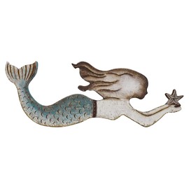 Rustic Wood Mermaid Decor Hanging Nautical Wall Decor, Wooden Mermaid Plaque Wall Sculpture Bathroom Beach Themed Decorations Coastal Mediterranean Wall Art for Home Farmhouse (Teal 30.5X11 Inch)