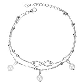ZKSXOA Boho Silver Double Anklets, Classic Adjustable Pearl Infinity Ankle Bracelets, Forever Anklet Chain Pearl Beaded Anklet Bracelet, Lucky 8 Anklets Silver Anklet Chain for Women and Girls