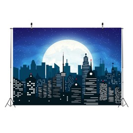 Loccor 8x6ft Fabric Super City Backdrop Superhero Backdrop Super City Night Scene Big Full Moon Starry Sky Superhero Theme Birthday Background Newborn Baby Shower Decoration Photoshoot Props