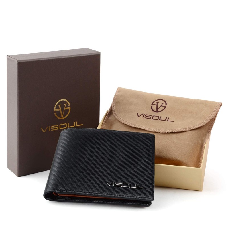 VISOUL Men's Wallet, Genuine Leather, Holds 12 Cards, Carbon Leather,