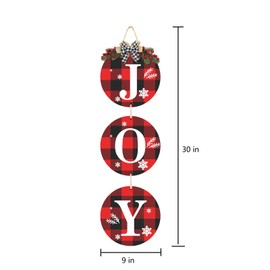 Christmas Decoration Joy Wreath, Buffalo Check Plaid Hanging Sign for Front Door, Rustic Burlap Wooden Christmas Ornaments for Home Window Wall Farmhouse Indoor Outdoor