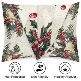 Satin Pillowcase for Hair and Skin, Christmas Berry Bell Silk Pillowcase with Zipper, Soft Silky Pillow Cover Standard Size (20x26 Inches), Slip Cooling Satin Pillow Cases Christmas Pillowcase