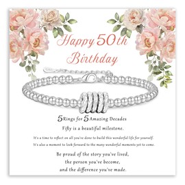 GEMAURA 50th Birthday Gifts for Her,Adjustable Silver Bracelet for Women Unique 50th Birthday Gifts for Women Cool Best Birthday Presents Ideas with Cards for Female Mom Sister Friend