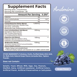 andmino 13-in-1 Detox Binder Gummies 1500mg | Activated Charcoal+Zeolite+Milk Thistle | Liver & Gut Detox Support | Vegan, Gluten-Free, Grape Flavor, 60
