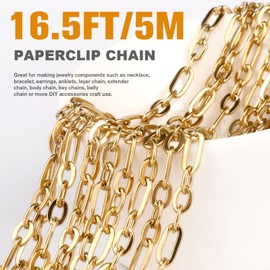 16.5FT 18K Gold PVD Plated Paperclip Jewelry Chain Roll, 4.5MM Stainless Steel Long and Short Link Chains Spool Bulk for DIY Jewelry Making Necklace Bracelet