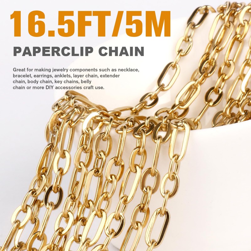 16.5FT 18K Gold PVD Plated Paperclip Jewelry Chain Roll, 4.5MM