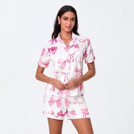 Yiulangde Cute Pink Bow Silk Pajamas for Women Y2k 2 Piece Preppy Pjs Shorts Set Short Sleeves Matching Pj Lounge Shirts Sets