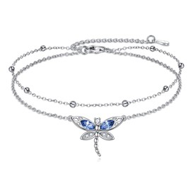 VONALA Dragonfly Anklet 925 Sterling Silver Blue Dragonfly Gifts Jewellery with Crystal Birthday Gifts for Women Girls, Sterling Silver