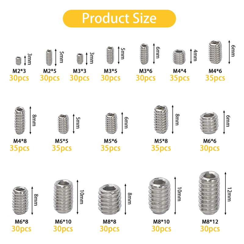 JatilEr 540Pcs Grub Screws Set, Metric Hex Grub Screw Mixed