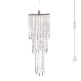 FlavorThings Plug in Irridescent Beaded Chandelier Light Pendant with ON/Off Switch and 16.4ft Clear Hanging Cord for Bedroom Dining Room and More (H30 with PlugIn)