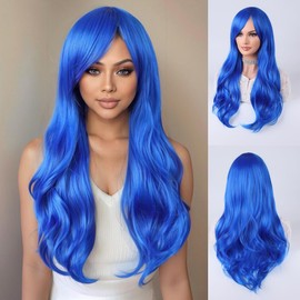 ANESHE Blue Wigs for Women Long Curly Wavy Synthetic Wig 28 Inch Navy Blue Wig with Bangs Heat Resistant Cosplay Party Wigs