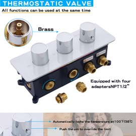 NPYSVSSS 2 Way Shower Diverter Thermostatic Valve, 3 Handle Multi Function Shower Valve, Brass Construction with Tempered Glass Panel, Concealed Mixing Valve Control Flow and On-Off Simultaneously