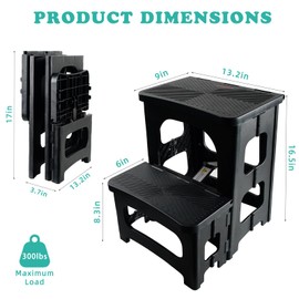 MavHubrix Folding 2-Step Stool for Adults,Small Collapsible Portable Foot Stool,Foldable Wide Two Stepping Stool for Kitchen Counter Helper,Home,Bathroom,Rv,Bedroom Holds 300 Lbs,Black