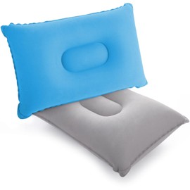 SUTAFOR Small Camping Cushion Inflatable Pillow Pack of 2 Travel Pillow Flocking for Beach Outdoor Hiking Grey + Azure Blue 34 x 22 cm