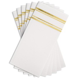 Fanxyware Shiny Gold on White Dinner Napkins, Feels Like Linen, Soft Fluff Pulp Paper (Disposable) - 50 Pack, 8.5" x 4" - Style Name: Parallel Shine
