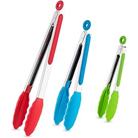 Kitchen Tongs Set of 3, Stainless Steel Tongs with Silicone Tips for Cooking, Barbecue, BBQ Grilling, Buffet Serving, 7/9/12 Inches (Multi-Color)