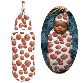 Muishi Cartoon Basketball Ball Pattern Newborn Swaddle Blankets Hat Sets Soft Baby Receiving Blanket Swaddle Sack for Baby Shower Infant Boy Girl Gift