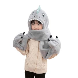 Kids Hat Gloves Scarf 3 In 1 Set Winter Plush Cartoon Dinosaur Hoodie Gloves Pocket Warm Earflap Full Hood Hats Long Scarf Shawl Wraps Mittens for Girls Boys, Great Christmas Birthday Gift (Grey)