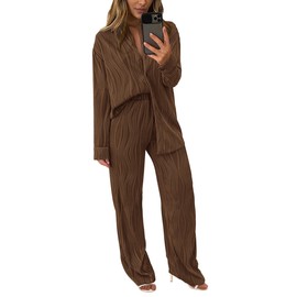 PRETTYGARDEN Women's 2 Piece Textured Sets Casual Button Down Shirt Wide Leg Pants Outfit Loungewear Tracksuit (Coffee,Medium)