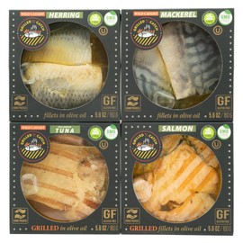 Grilled Catch Canned Fish Variety Pack – Wild Caught Mackerel, Grilled Salmon, Yellowfin Tuna & Herring in Olive Oil, Kosher, Gluten Free, High Protein