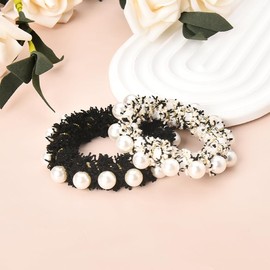 Pearl Hair Ties for Women Scrunchies for Thin Thick Hair Accessories Ponytail Holders No Damage No Crease Ouchless Hair Elastics Black White Hair Bead Rope 2Pcs Scrunchy Hair Band