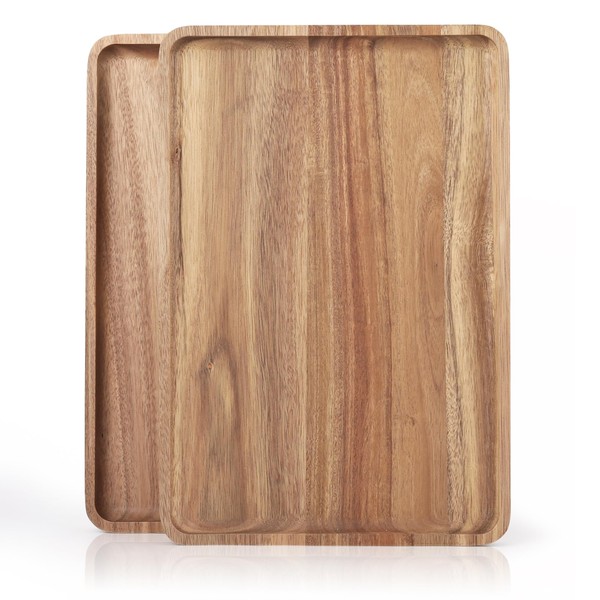 2 PCS Solid Acacia Wood Serving Trays Rectangular Wooden Serving