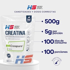 HS HERO SPORT Creatina Monohidratada Micronizada Creapure® 500g, 100% Pura, Creatina Alemana, Vegana, 160 Porciones, 5g por Porción, Pre Entreno con S
