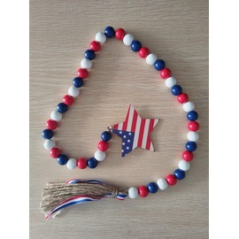 4th July Wood Bead Garland with Tassels USA Flag Star Patriotic Veterans Farmhouse Wall Hanging Prayer Decor