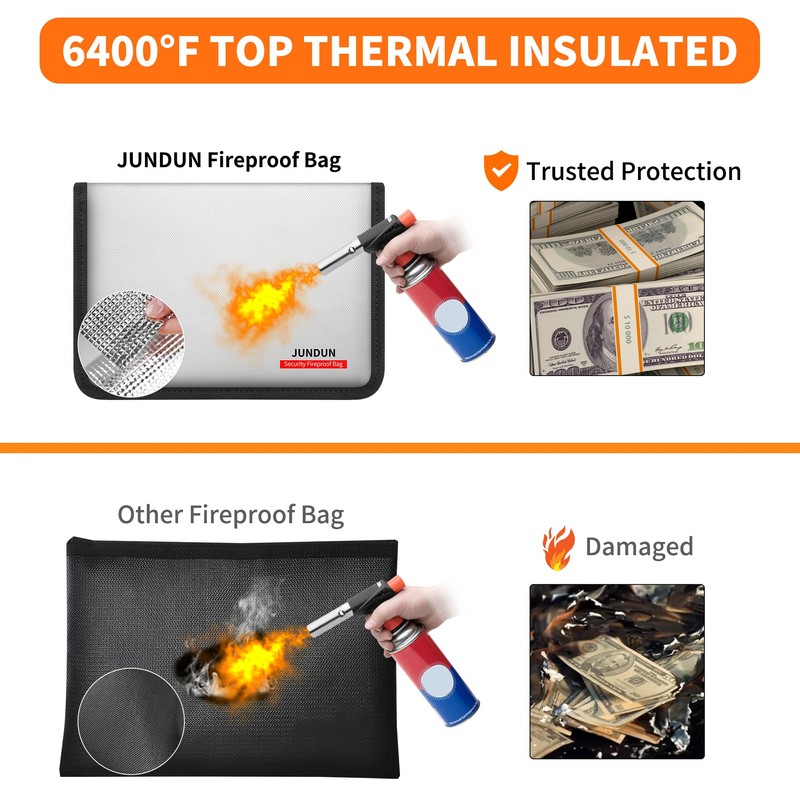 JUNDUN 6400℉ Foldable Small Fireproof Money Bag with 2 Pockets