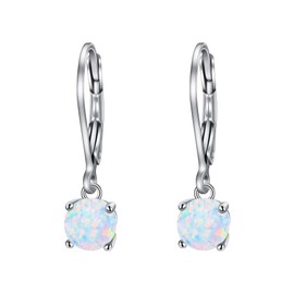 EVER FAITH Round Created Opal Earring, 925 Sterling Silver Dangle, Teardrop Leverback Earrings, 6mm Opal Genstone Pierced Earrings