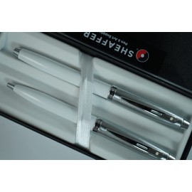 Sheaffer 100 Pearlescent Lightening white with Nickel appointments, Signature Mid Band and Dot of Excellence, Medium Point Fountain Pen and Ballpoint pen