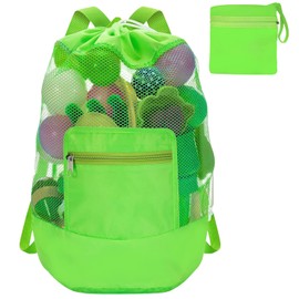 INVODA Mesh Beach Bag Drawstring Beach Backpack Foldable Toy Organizer Shell Adjustable Straps Large Capacity Swim Bag (Green)