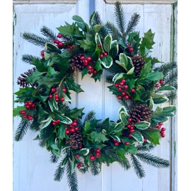 22 Inch Diameter Holiday Wreath with Holly, Fir Branches, Pine Cones, Red Berries for Christmas Decoration, Country charm, Traditional look