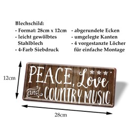 helges-shop Peace Love and Country Music - Metal Sign for Country Music Enthusiasts - Retro Decorative Sign for Bar Pub Music Room Exercise Room - Wall Decoration Including Tin Sign Mounting Aid - 28