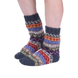 Pachamama Women 100% Wool Bed Sofa Socks Handknitted Fairisle Stripe Multicoloured Medium 4-7 Handmade Extra Warm