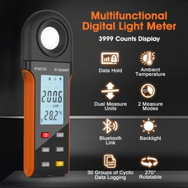 BTMETER Illuminance Light Meter w/Bluetooth - Digital Lumen Tester Measure Lighting Level Intensity 1~400,000 Lux(Foot Candle 1~37,160) Luxometer with 270º Rotated Sensor Data Logging for Plants Grow
