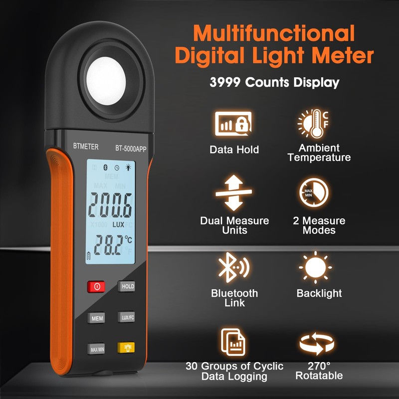 BTMETER Illuminance Light Meter w/Bluetooth - Digital Lumen Tester Measure