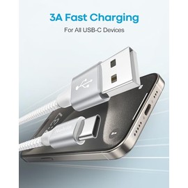 Huukein Cable USB C Blanco de 10 pies, Cable USB A a USB C Largo de Carga Rápida, Cordón Cargador USBC Trenzado para iPhone 17 Air 16 15 Pro Max Plus,