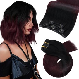 Moresoo Dark Red Clip in Hair Extensions Human Hair Black to Burgundy Balayage for Women Ombre Natural Black to Deep Red Hair Extensions Clip ins Short 10inch Double Weft 80g/5pcs