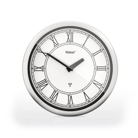 Mebus Radio Controlled Wall Clock 26 cm Silent Roman Numerals Silver Frame White Dial 19811 Model 19811 - Classic and Silent White