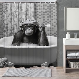 LKFBSC Funny Monkey Shower Curtain, Black and White Fun Chimpanzee Animal Bathroom Curtains, 72x72 Humorous Shower Curtain Set, Gray Wildlife Boys Men Modern Cool Bathroom Curtain