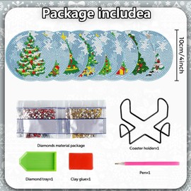 8 Pieces Christmas Tree Diamond Coasters Kits with Holder DIY Christmas Tree Diamond Art Coaster Coaster for Adults Diamond Kits Supplies for Christmas Holiday Gift