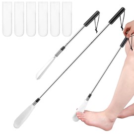 Velmitten Toe Cleaning Brush Lotion Applicator for Feet with 6 Reusable Drying Covers Foot Cleaner with Telescopic Stainless Steel 16-30 Inch Handle Toe Scrubber for Seniors Elderly Disabled Men Women