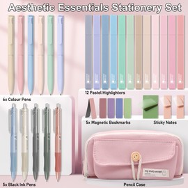COZCLAM 32pcs Aesthetic Stationery Supplies with Pink Pen Case, 12 Pastel Highlighters, 6 Colour Pens, 5 Black Pens, 5 Magnetic Bookmarks and 3 Sticky Notes Stationery Set for Students School Supplies