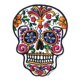 Unbranded Sugar Skull Day Of The Dead Dia De Los Muertos Iron On Patch Embroidered 4" Inch - White #2