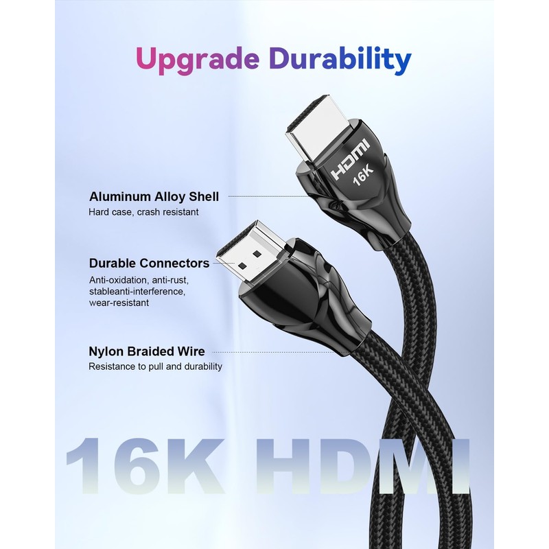 Fibopitcal 96Gbps HDMI 2.2 Cable 6ft Braided, 16K@60Hz 8K@240Hz 4K@480Hz